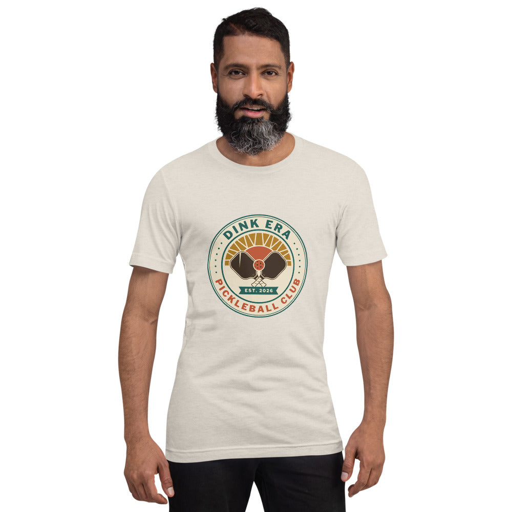 Dink Era Pickleball Club retro tee — Heather Dust, on model