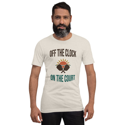 model wearing Off The Clock On The Court retro pickleball tee — H. Dust