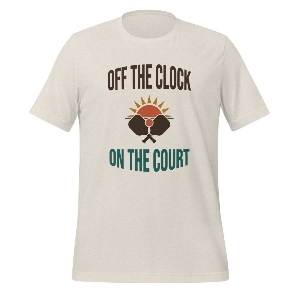 Off The Clock On The Court retro pickleball tee — H. Dust, front