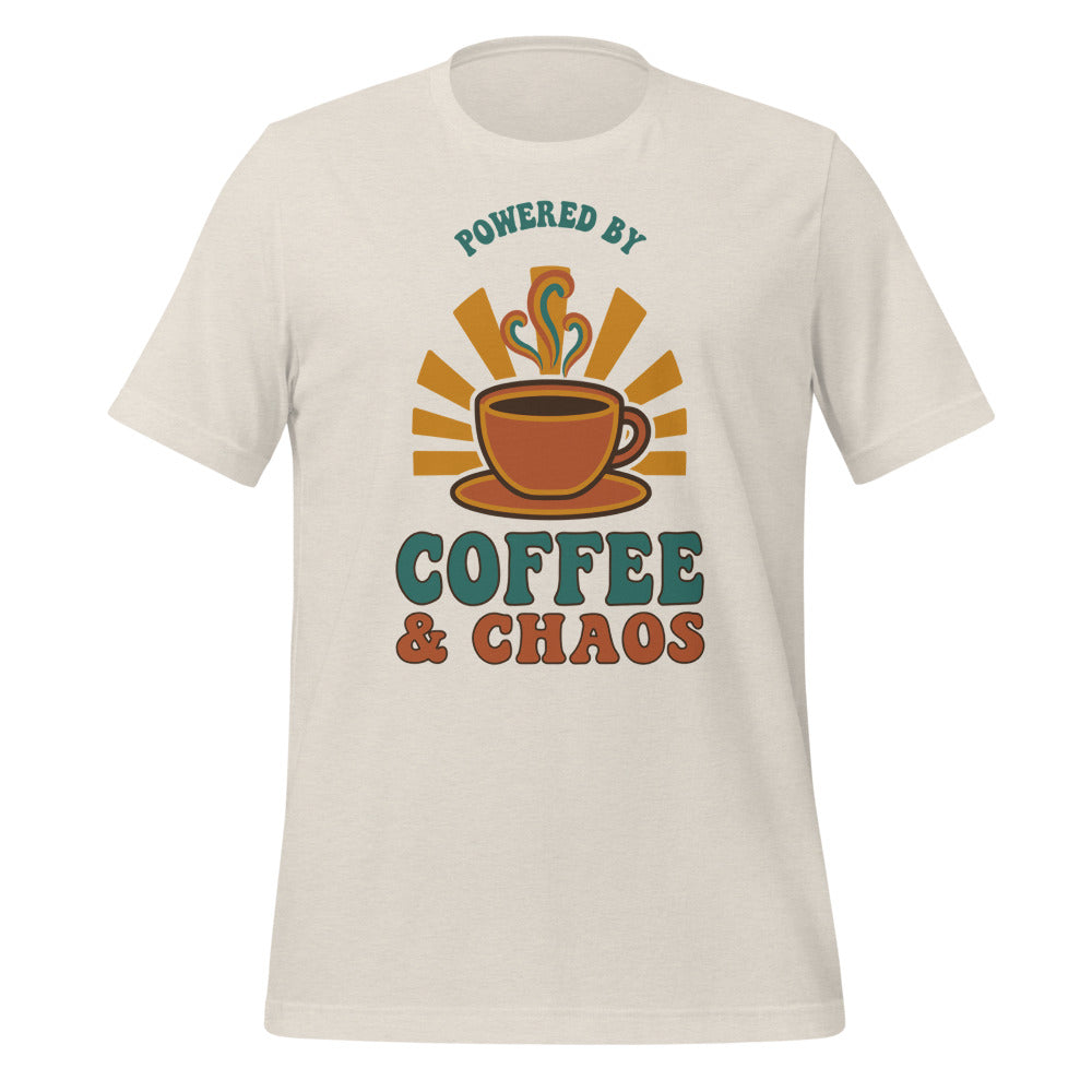 Powered By Coffee And Chaos retro groovy teacher tee — Heather Dust, front