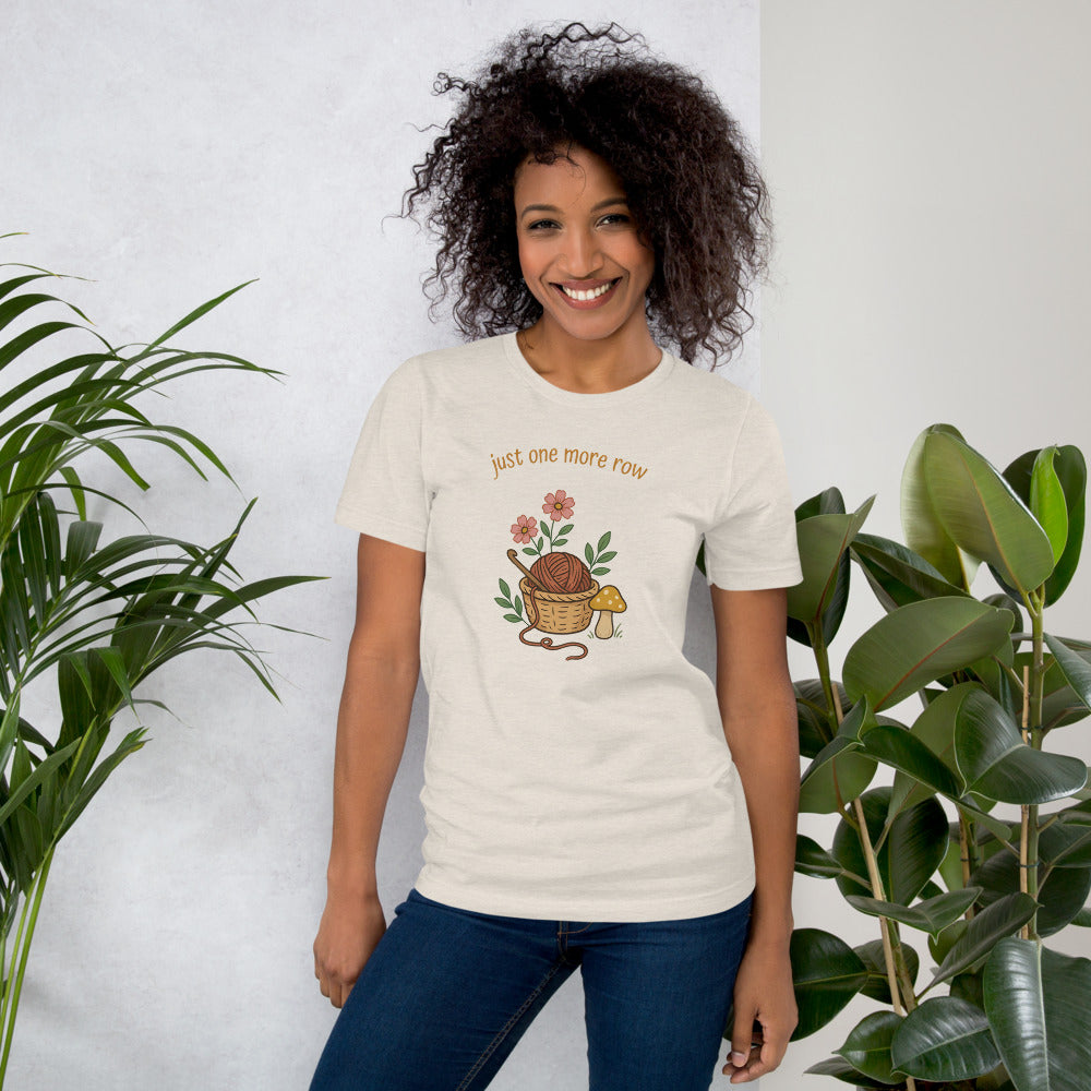 Just One More Row crochet cottagecore tee — Heather Dust, on model