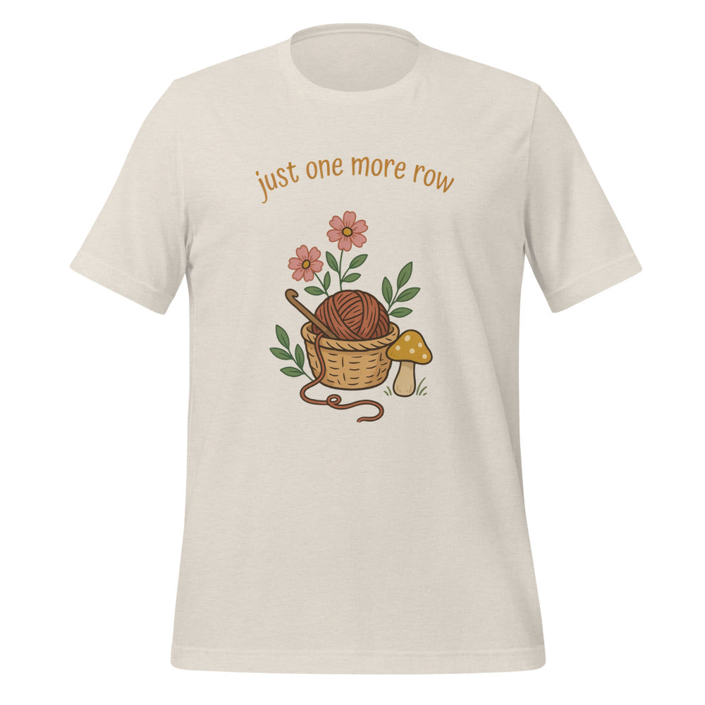 Just One More Row crochet cottagecore tee — Heather Dust, front