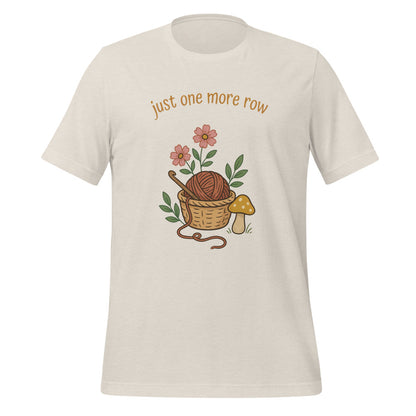 Just One More Row crochet cottagecore tee — Heather Dust, front