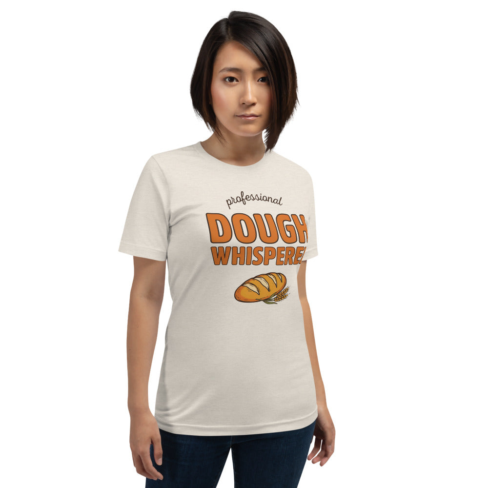 Professional Dough Whisperer funny baker tee — Heather Dust, on model