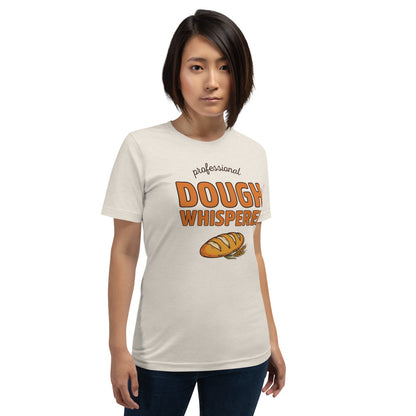 Professional Dough Whisperer funny baker tee — Heather Dust, on model