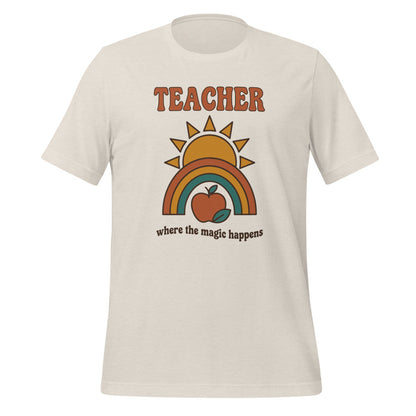 Teacher Where The Magic Happens retro groovy teacher tee — Heather Dust, front
