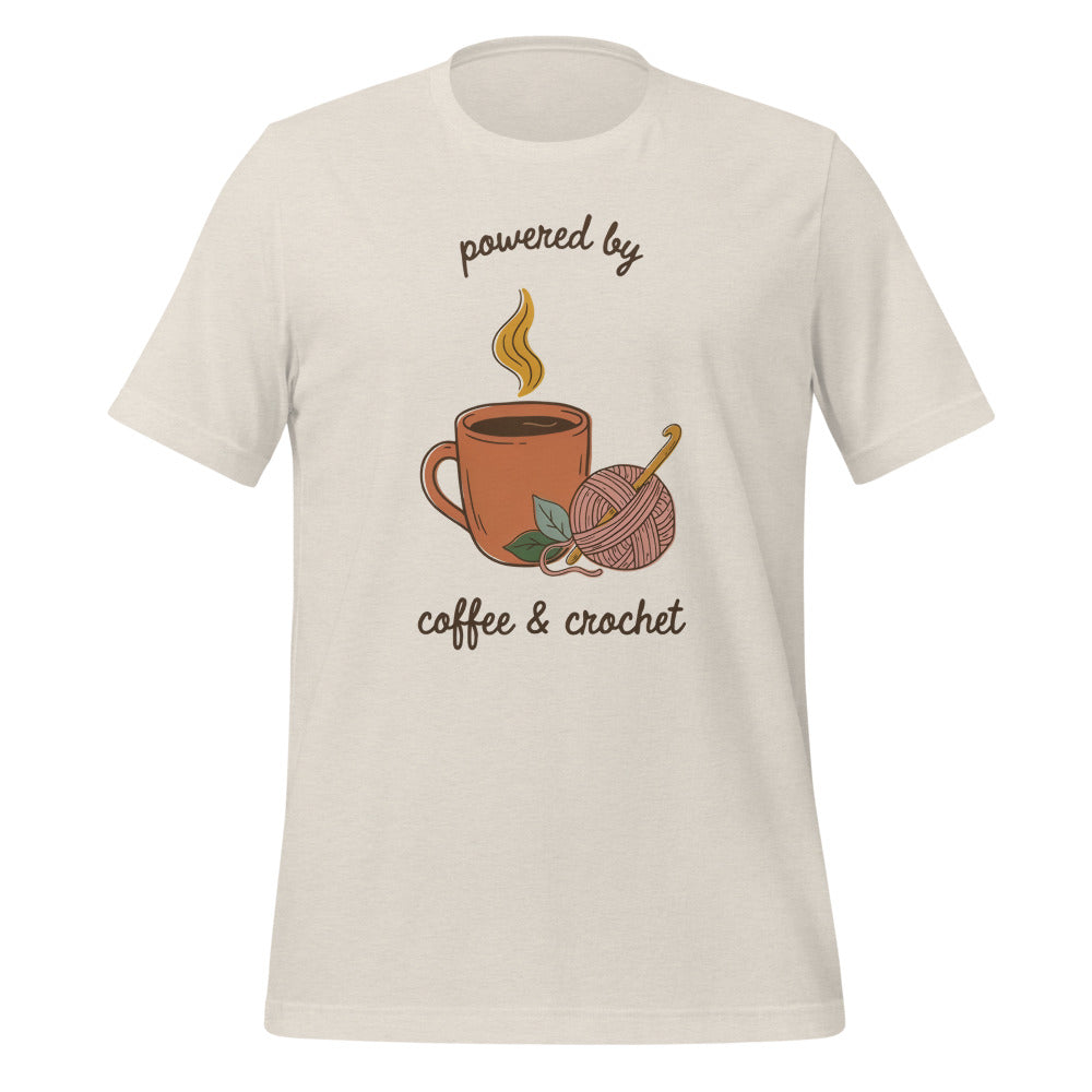 Powered by Coffee and Crochet cottagecore crochet tee — Heather Dust, front