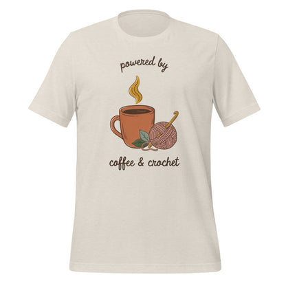 Powered by Coffee and Crochet cottagecore crochet tee — Heather Dust, front