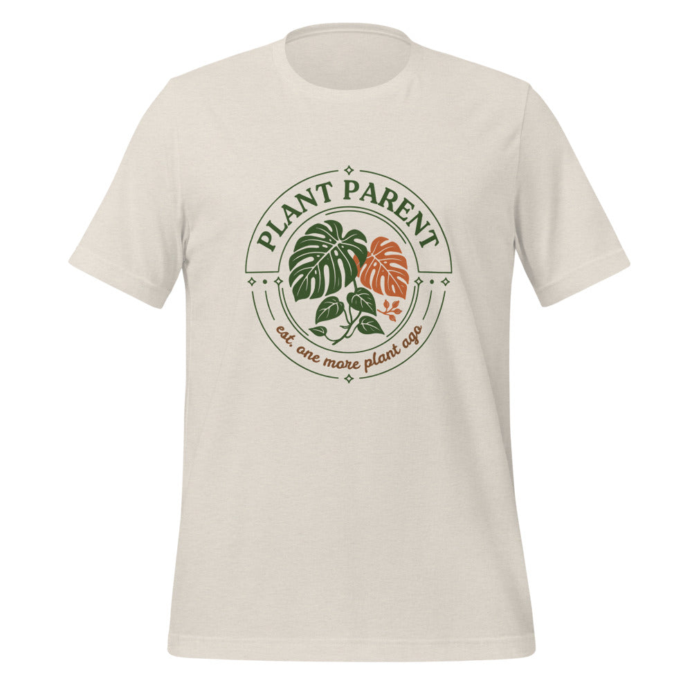 Plant Parent retro botanical badge tee — Heather Dust, front