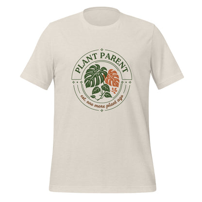 Plant Parent retro botanical badge tee — Heather Dust, front