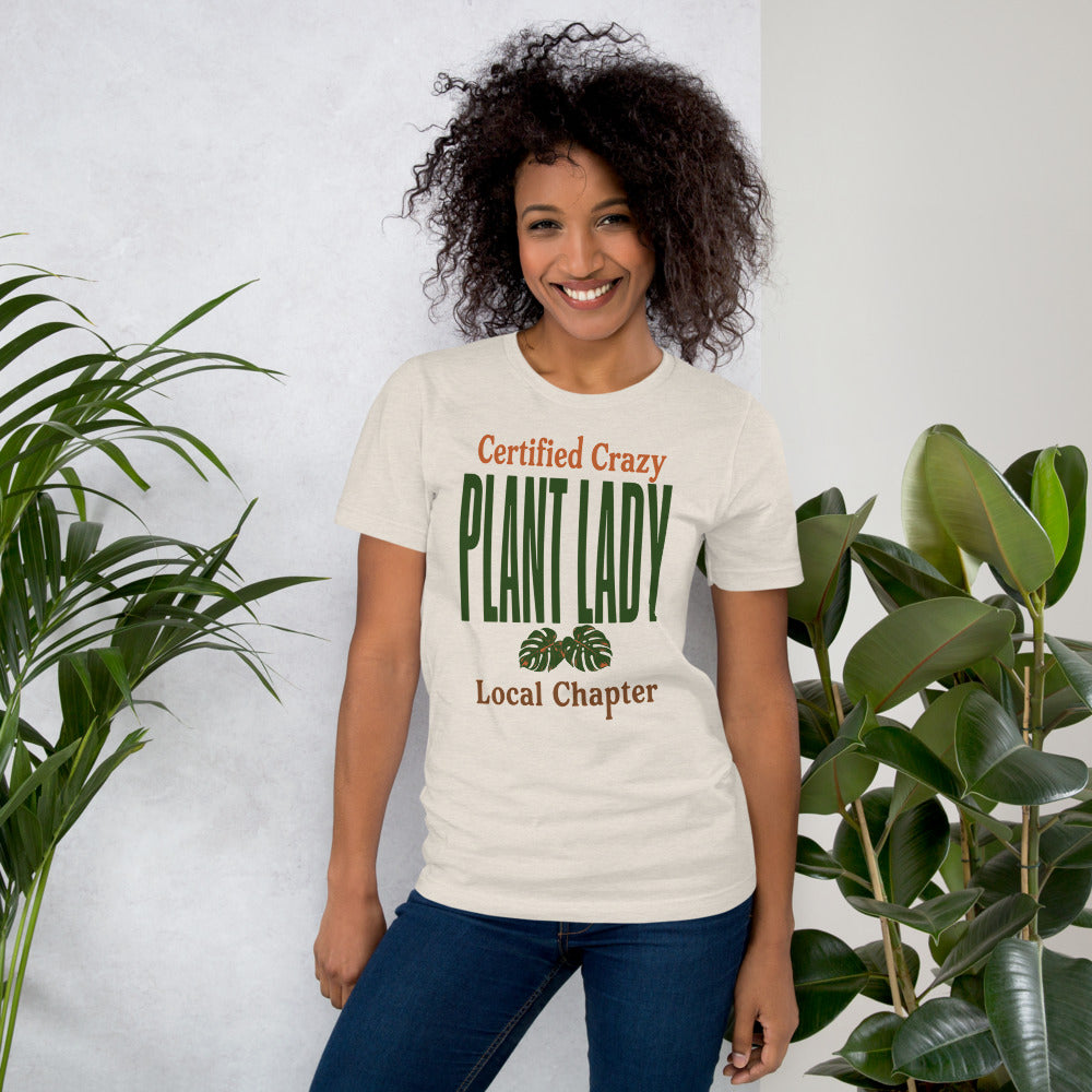 Certified Crazy Plant Lady retro botanical tee — Heather Dust, on model