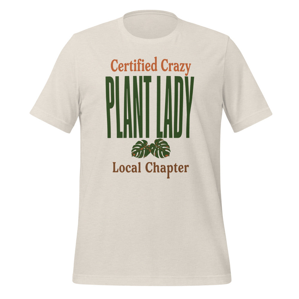 Certified Crazy Plant Lady retro botanical tee — Heather Dust, front