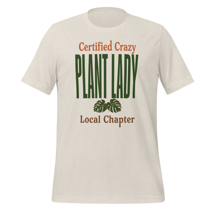 Certified Crazy Plant Lady retro botanical tee — Heather Dust, front