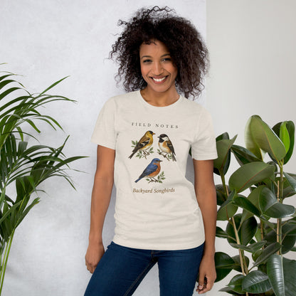 Backyard Songbirds vintage field-guide tee — Heather Dust, on model