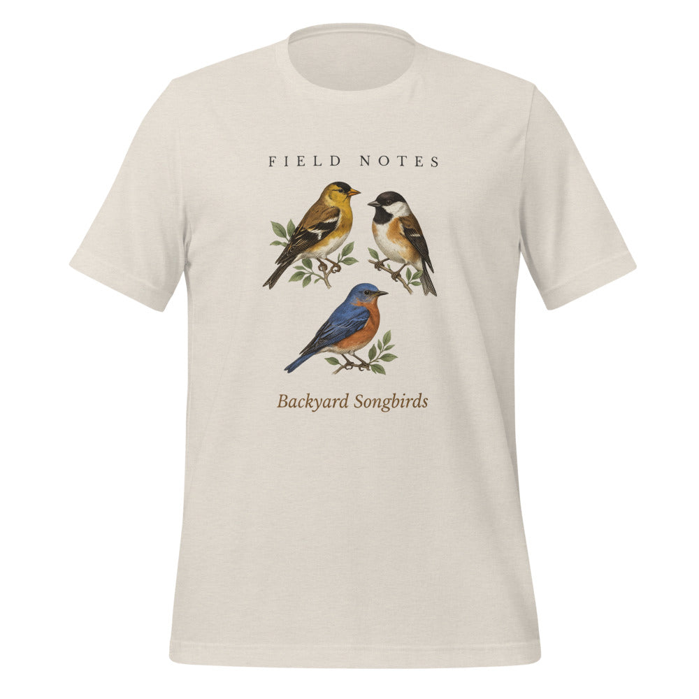 Backyard Songbirds vintage field-guide tee — Heather Dust, front