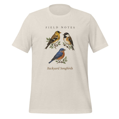 Backyard Songbirds vintage field-guide tee — Heather Dust, front