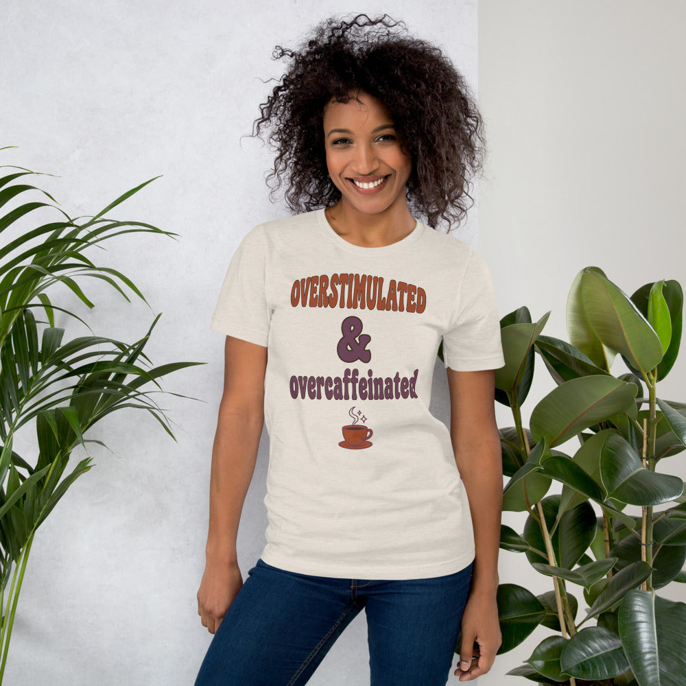 Overstimulated & Overcaffeinated soft retro coffee mental health tee — Heather Dust, on model