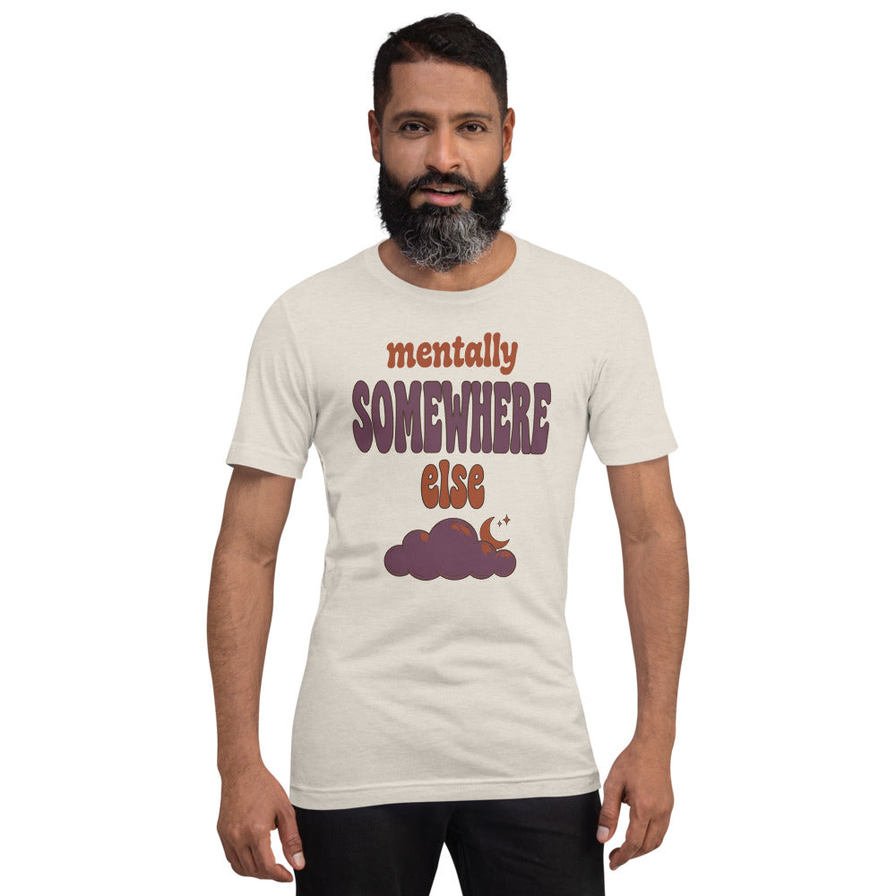 Mentally Somewhere Else soft retro daydream mental health tee — Heather Dust, on model