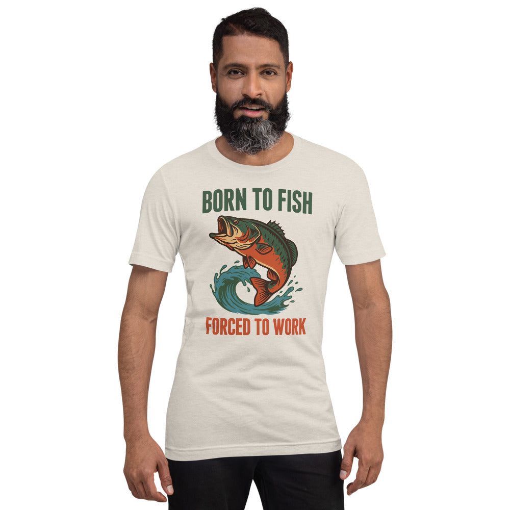 Born to Fish Forced to Work retro fishing humor tee — Heather Dust, on model