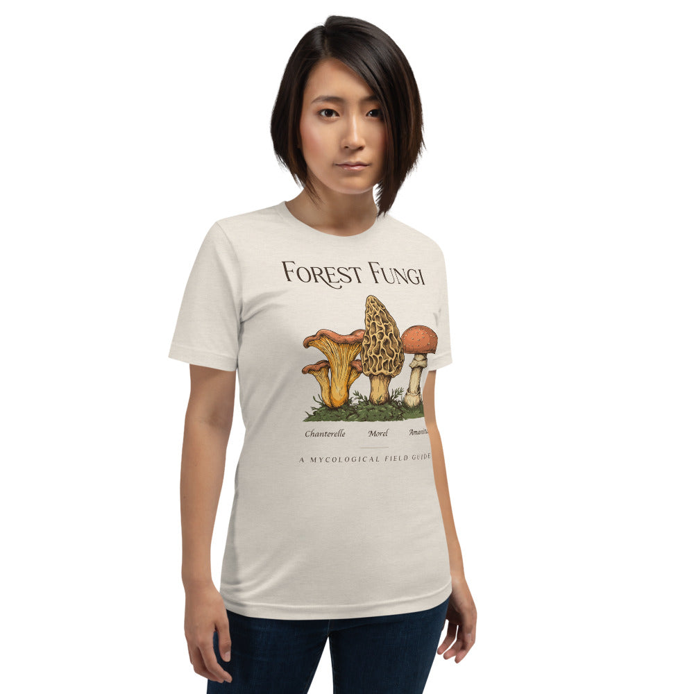 Forest Fungi vintage mushroom field guide tee — Heather Dust, on model