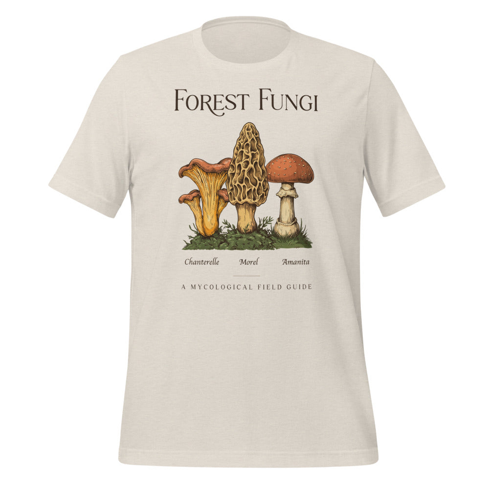 Forest Fungi vintage mushroom field guide tee — Heather Dust, front