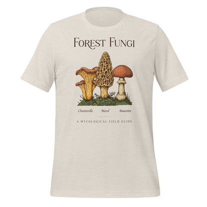 Forest Fungi vintage mushroom field guide tee — Heather Dust, front
