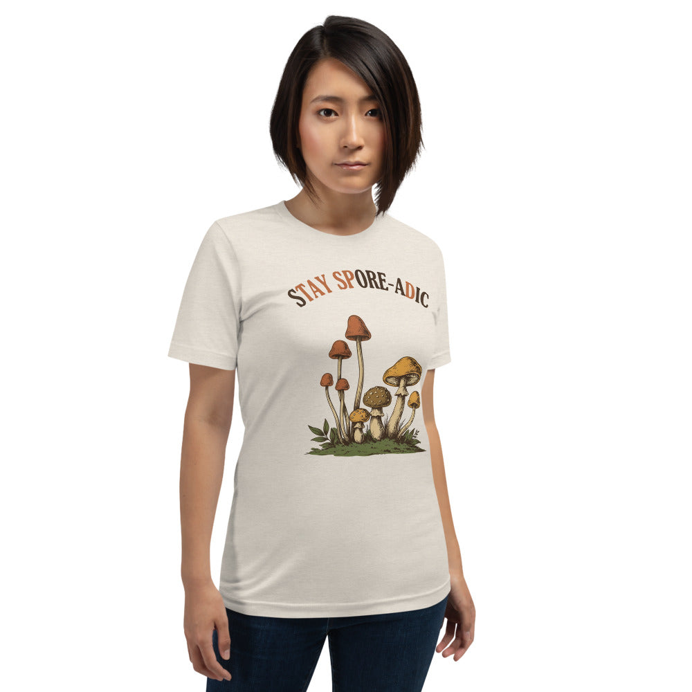 Stay Spore-adic funny vintage mushroom tee — Heather Dust, on model