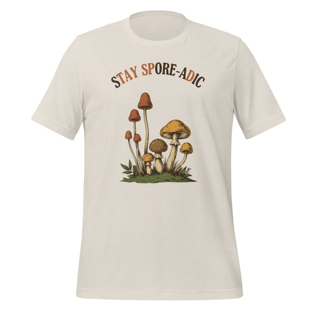 Stay Spore-adic funny vintage mushroom tee — Heather Dust, front