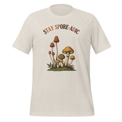 Stay Spore-adic funny vintage mushroom tee — Heather Dust, front