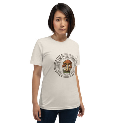 Mushroom Foraging Mycological Society vintage botanical tee — Heather Dust, on model