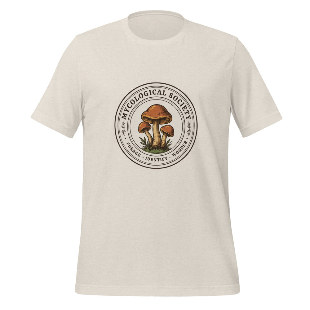 Mushroom Foraging Mycological Society vintage botanical tee — Heather Dust, front