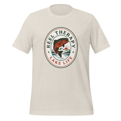 Reel Therapy retro national-park trout badge fishing tee — Heather Dust, front