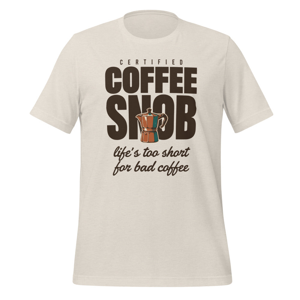 Certified Coffee Snob coffee tee — Heather Dust, front