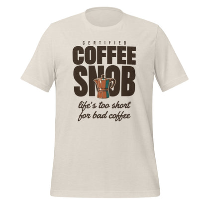 Certified Coffee Snob coffee tee — Heather Dust, front