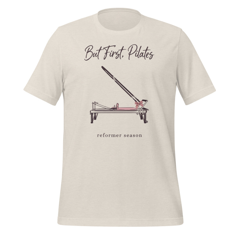 But First Pilates reformer line-art tee — Heather Dust, front