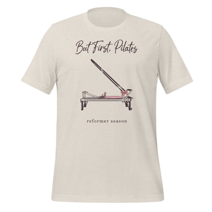 But First Pilates reformer line-art tee — Heather Dust, front