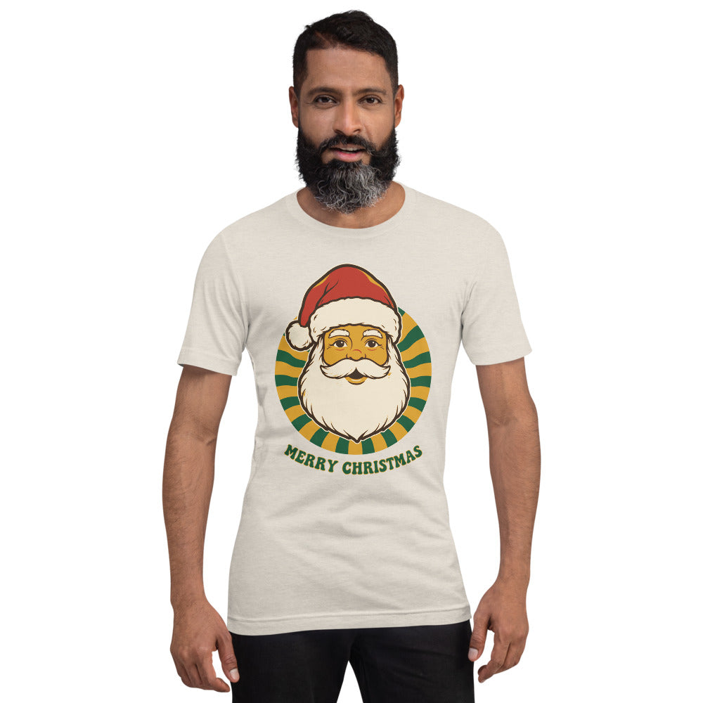 Groovy Santa retro Christmas tee — Heather Dust, on model