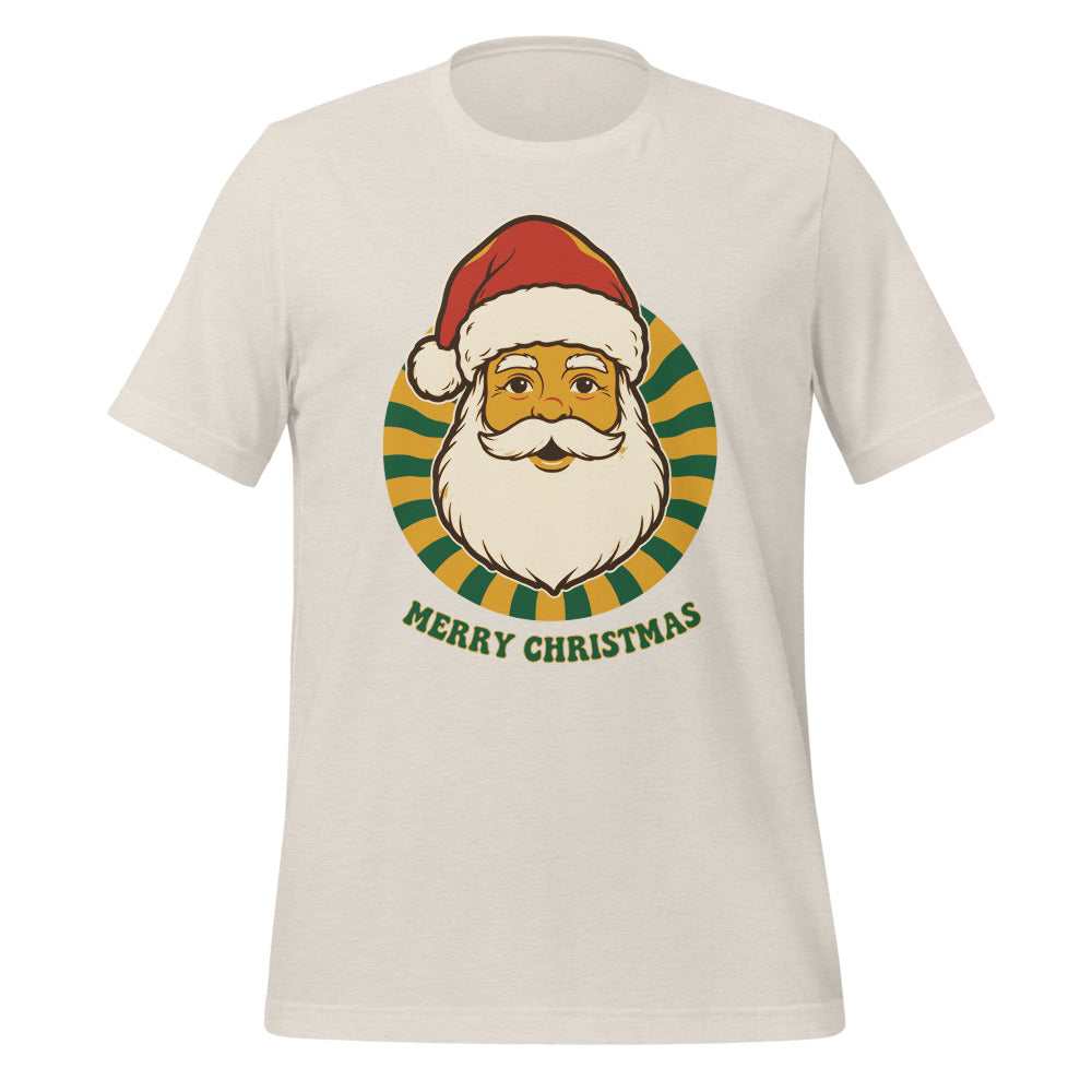 Groovy Santa retro Christmas tee — Heather Dust, front