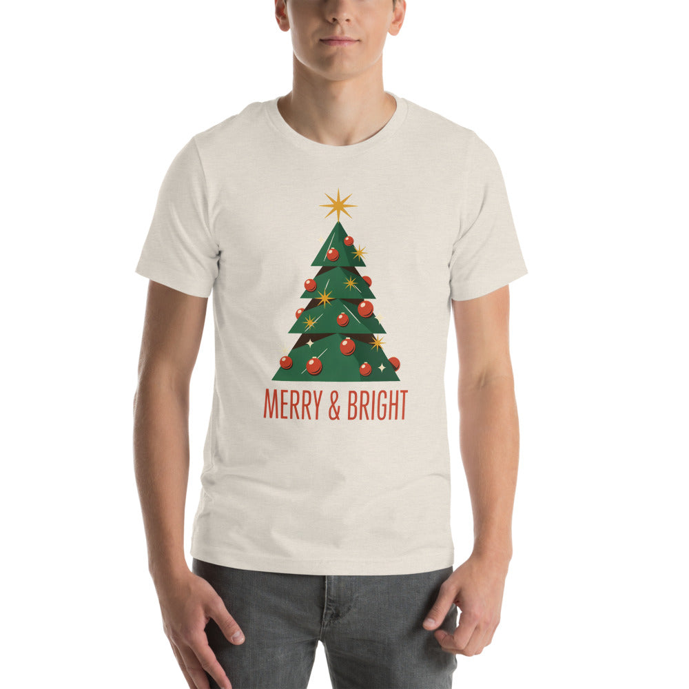 Atomic mid-century retro Christmas tree tee — Heather Dust, on model