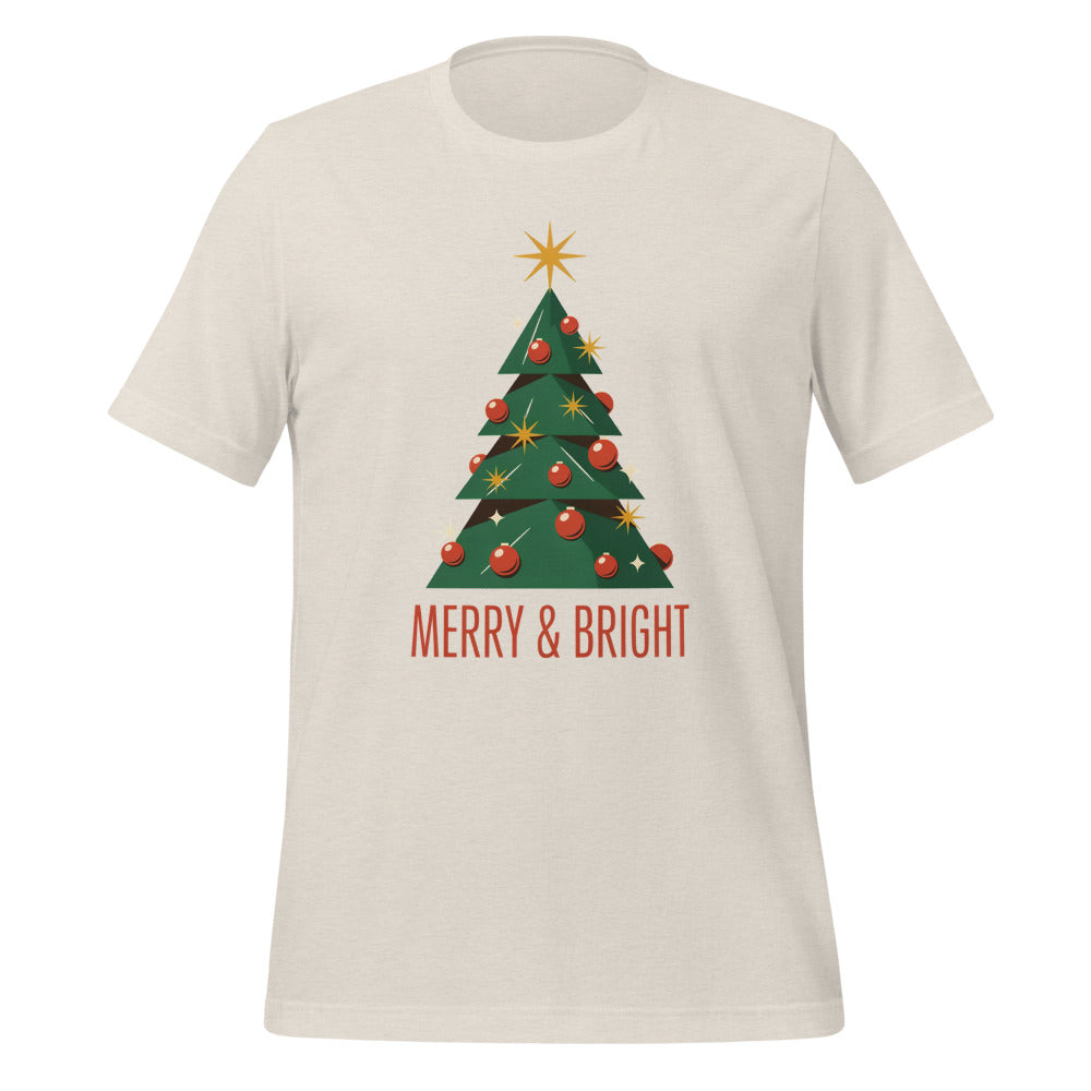 Atomic mid-century retro Christmas tree tee — Heather Dust, front