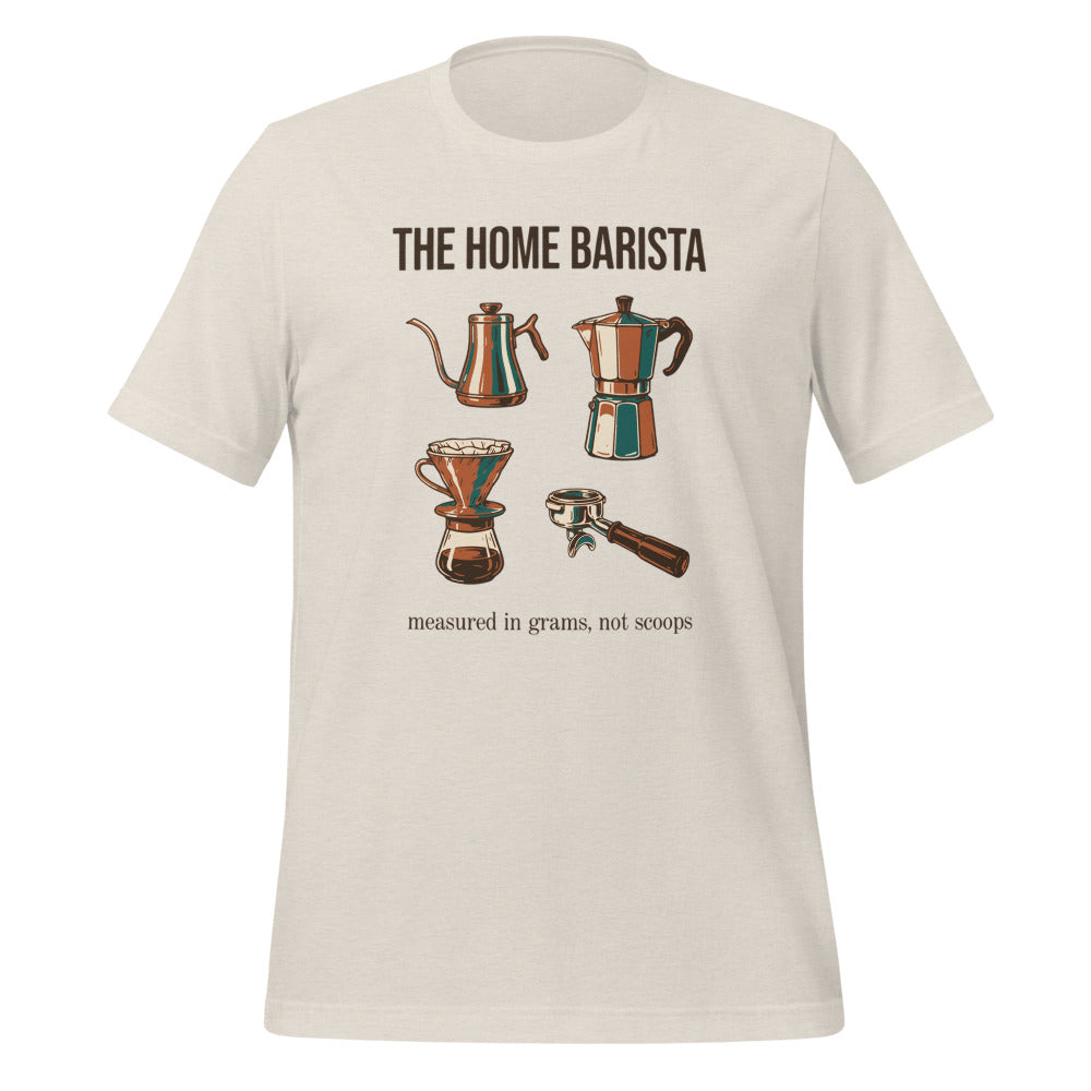 The Home Barista specialty coffee tee — Heather Dust, front