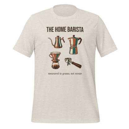The Home Barista specialty coffee tee — Heather Dust, front