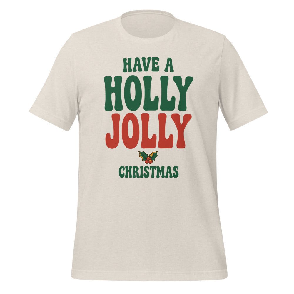 Groovy Holly Jolly retro Christmas tee — Heather Dust, front