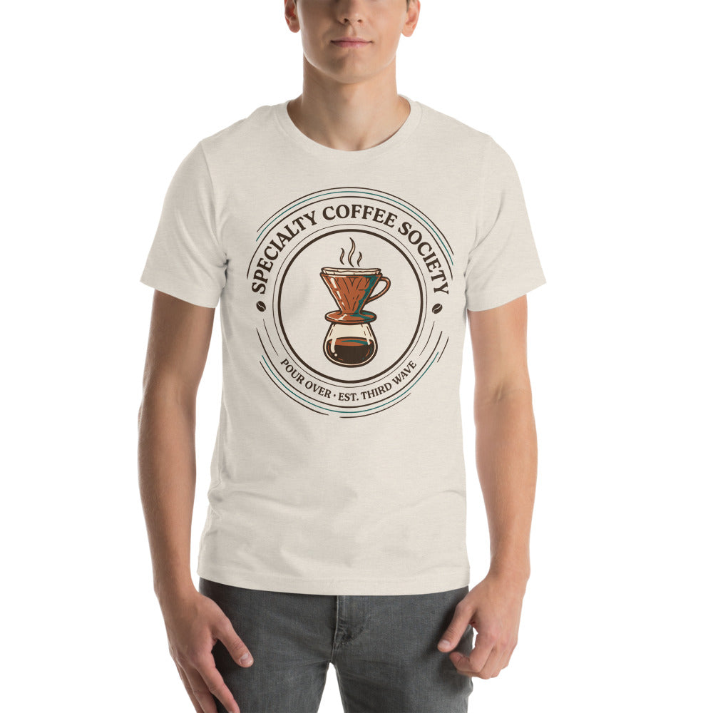 Specialty Coffee Society specialty coffee tee — Heather Dust, on model