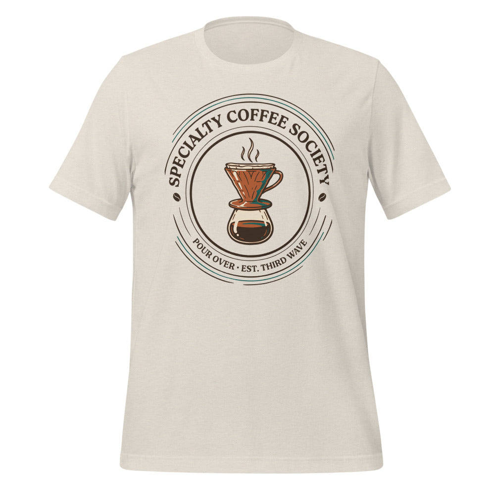 Specialty Coffee Society specialty coffee tee — Heather Dust, front