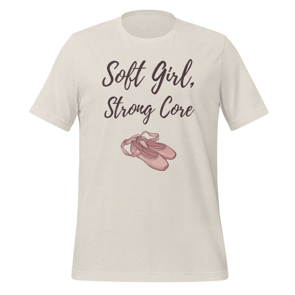 Soft Girl Strong Core ballet coquette pilates tee — Heather Dust, front