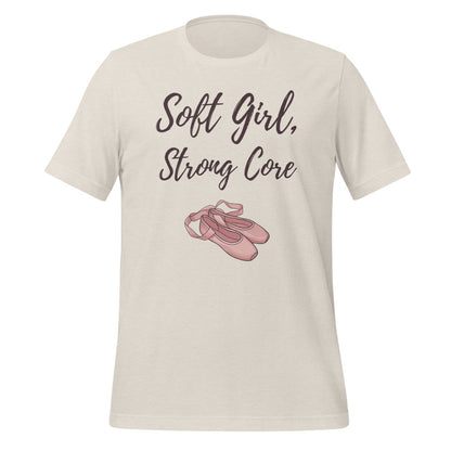 Soft Girl Strong Core ballet coquette pilates tee — Heather Dust, front