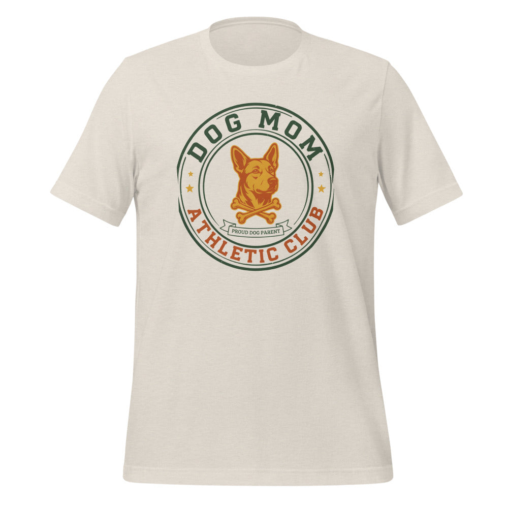 Dog Mom Athletic Club vintage varsity crest tee — Heather Dust, front