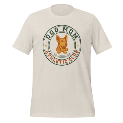 Dog Mom Athletic Club vintage varsity crest tee — Heather Dust, front