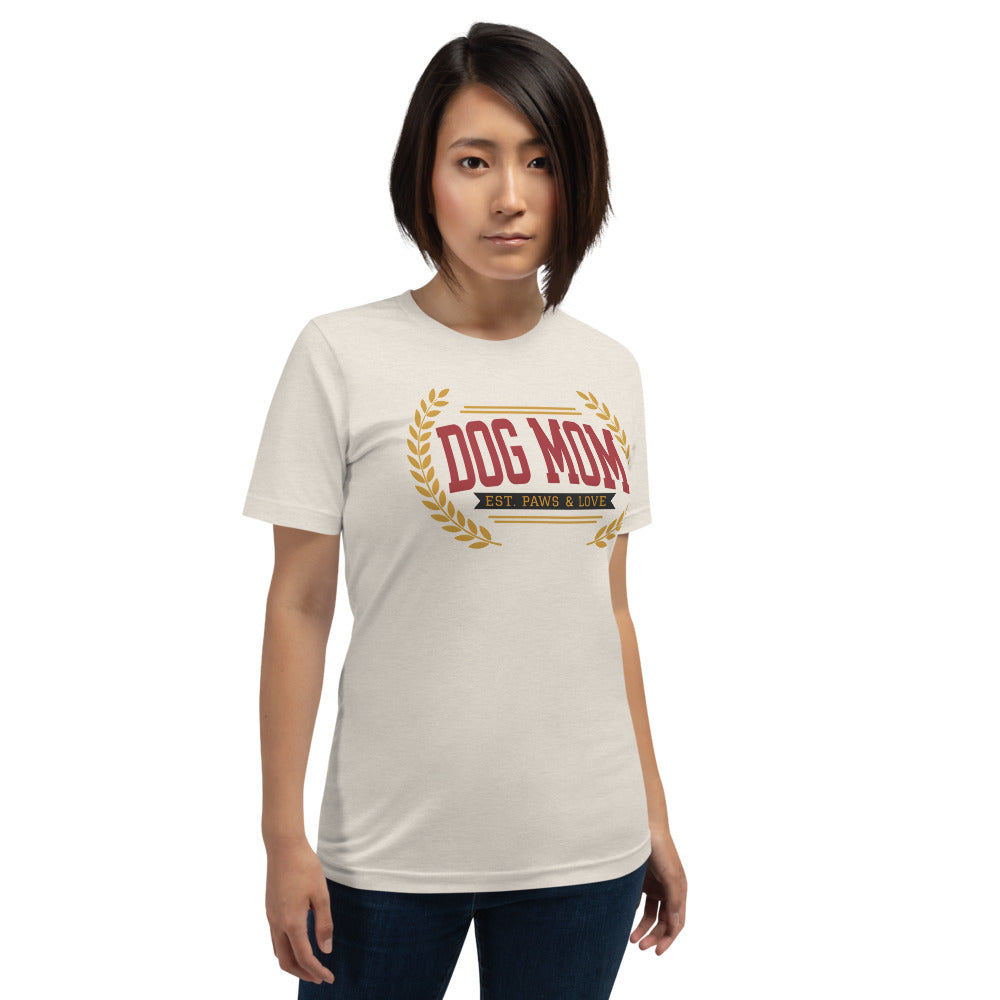Dog Mom vintage varsity wordmark tee — Heather Dust, on model
